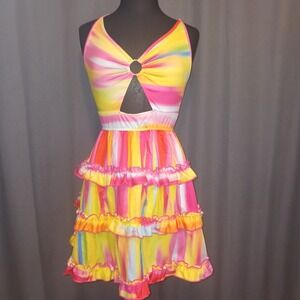 Festival Mini Dress Pink Yellow Tie Dye O-Ring Cutout Tiered Ruffle Summer XL